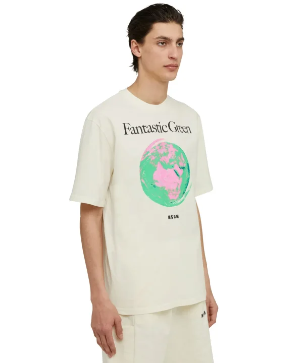 MSGM T-Shirt Girocollo In Cotone Organico Della Capsule Fantastic Green Cream Fashion