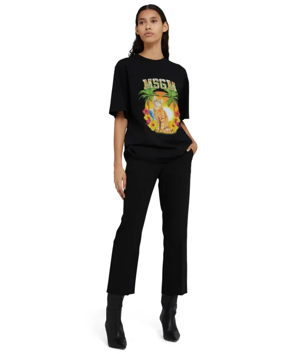 MSGM T-Shirt Girocollo In Cotone Con Grafica "College Cat" Black Flash Sale
