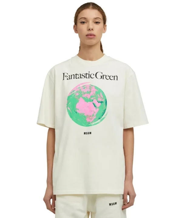MSGM T-Shirt Girocollo In Cotone Organico Della Capsule Fantastic Green Cream Fashion