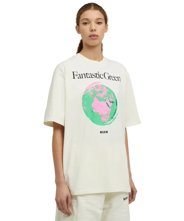 MSGM T-Shirt Girocollo In Cotone Organico Della Capsule Fantastic Green Cream Fashion